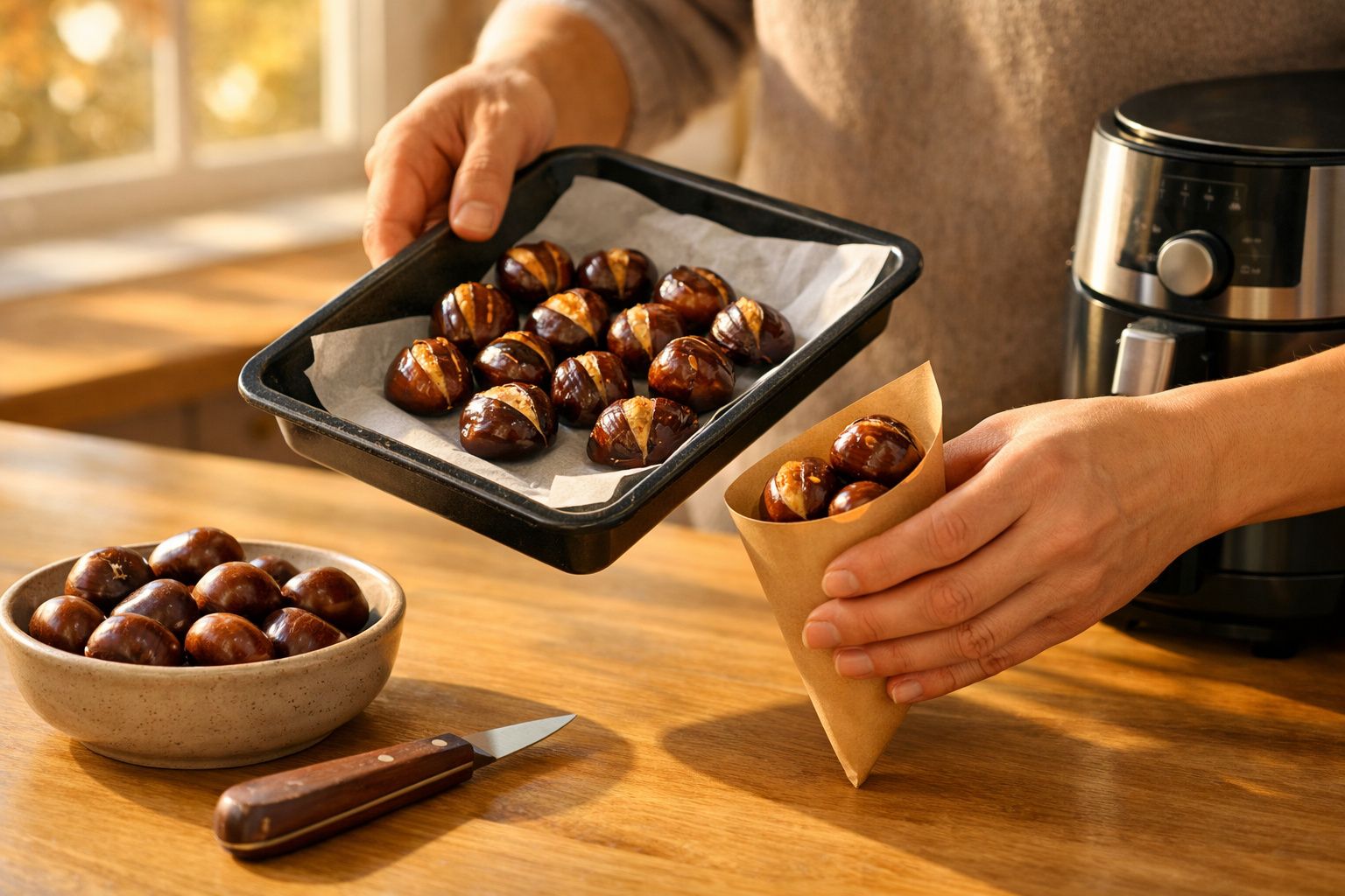 Mãos a colocar castanhas quentes num cone de papel, com tabuleiro e tigela cheios de castanhas ao lado numa mesa de madeira.