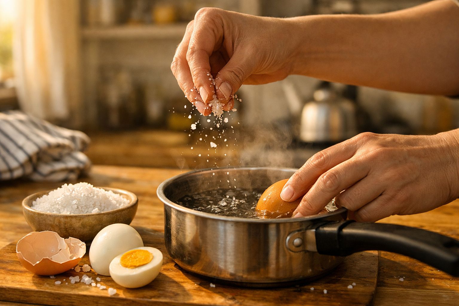 Mãos a cozinhar ovo em água a ferver numa panela, com sal a ser adicionado e ovos cozidos ao lado.