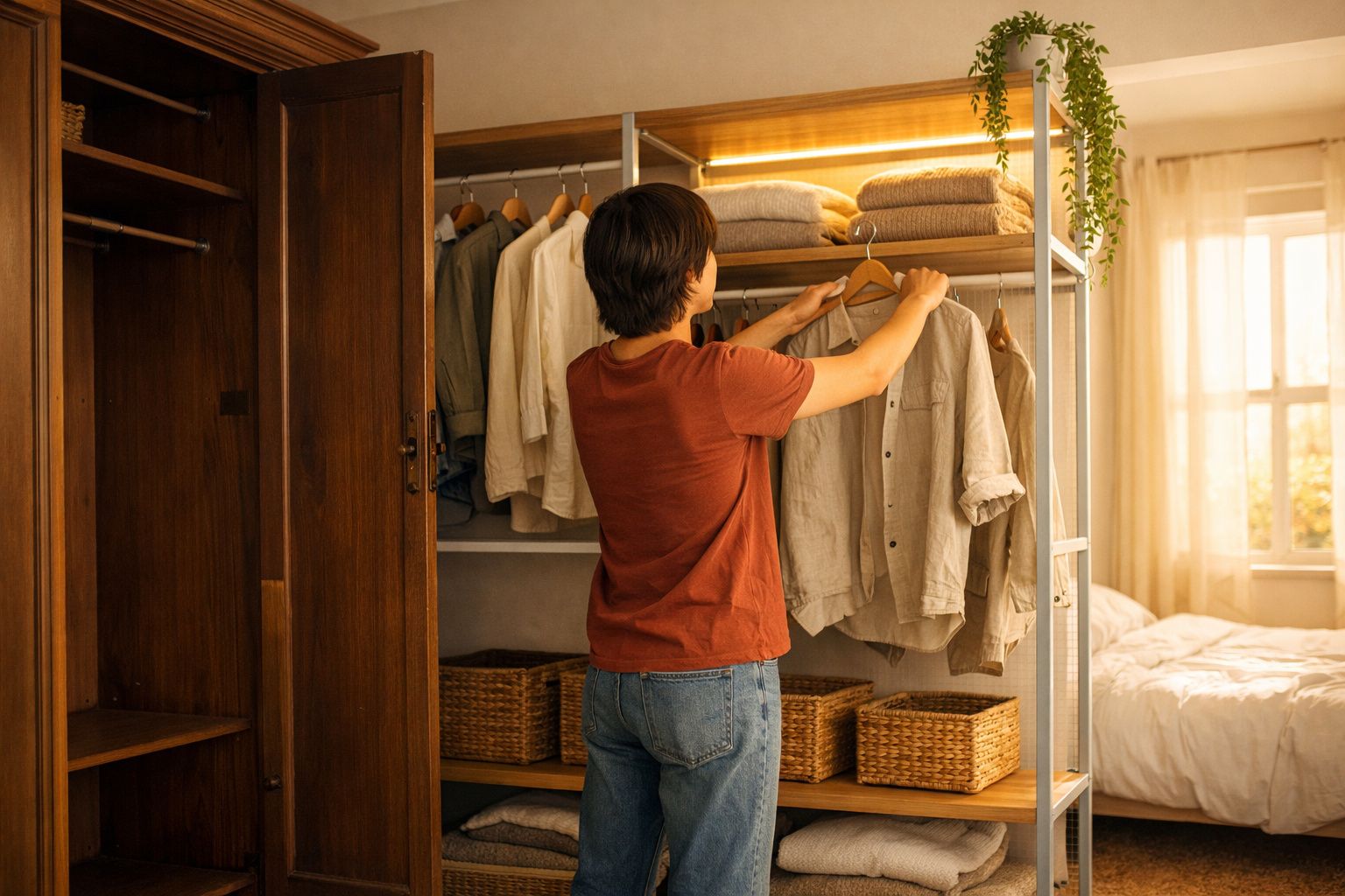 Pessoa a organizar camisas num roupeiro iluminado, com cestos e roupa dobrada ao fundo.