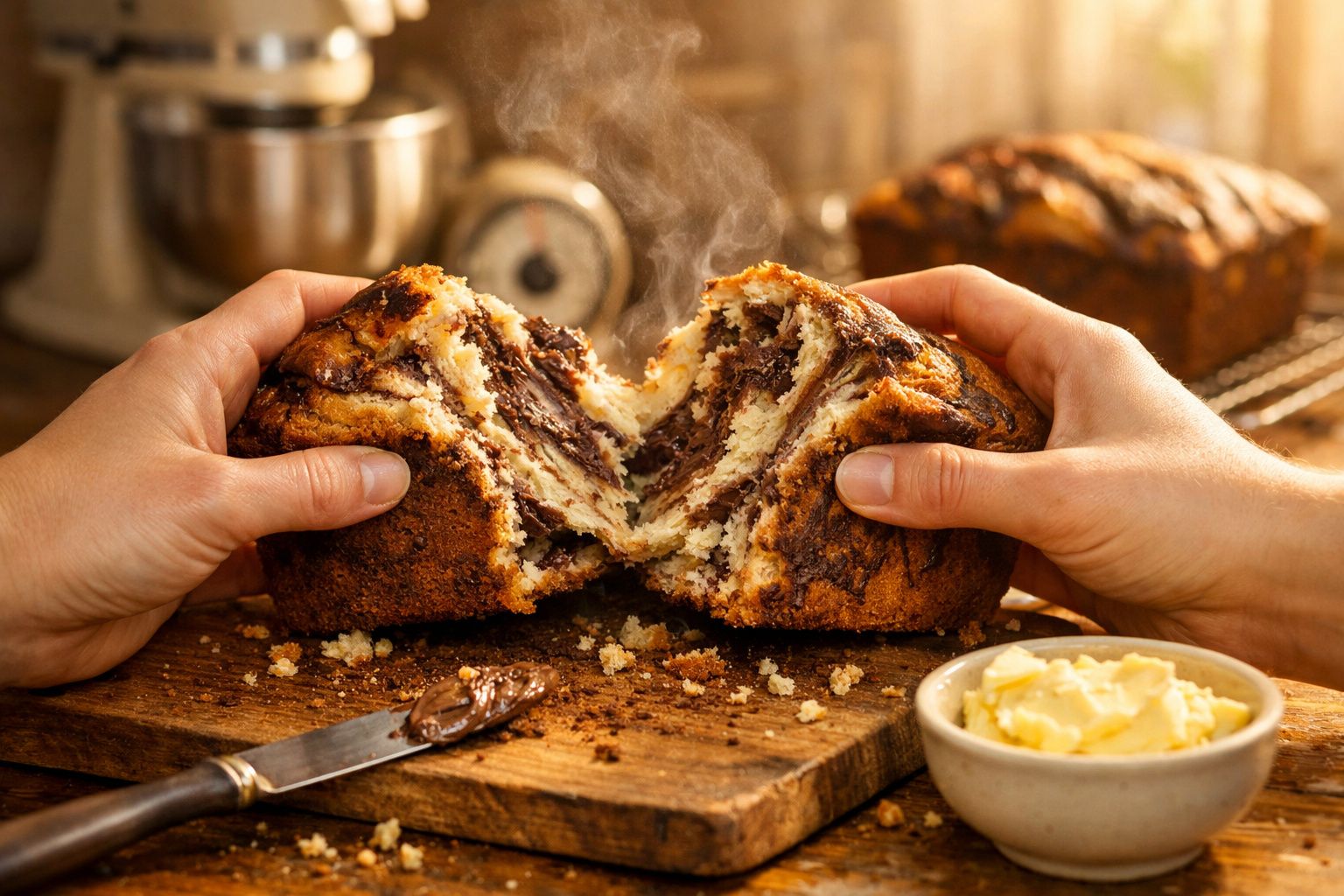 Pessoas partem um pão de chocolate morno, com vapor a sair, numa tábua de madeira com manteiga ao lado.