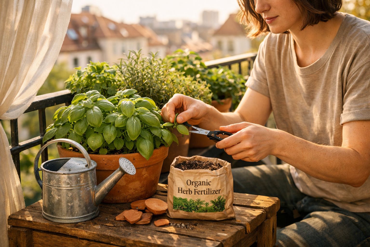 Pessoa a podar ervas aromáticas num vaso num terraço com regador e fertilizante biológico.