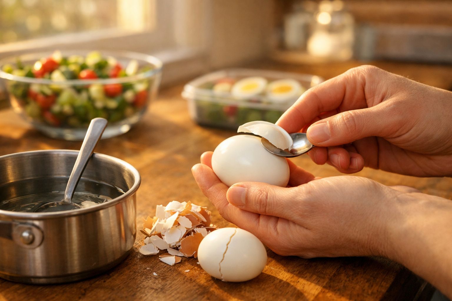 Mãos a descascar um ovo cozido com uma colher sobre uma cozinha com saladeira ao fundo.