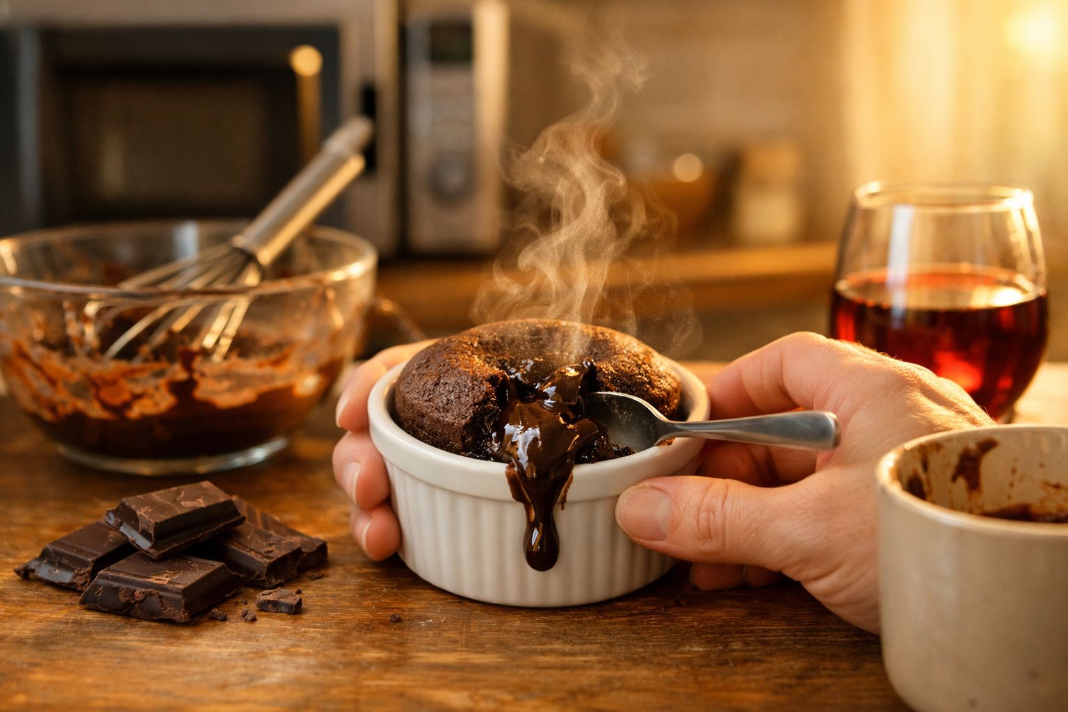 Mãos a segurar uma taça branca com bolo de chocolate quente com recheio a escorrer e vapor a subir.