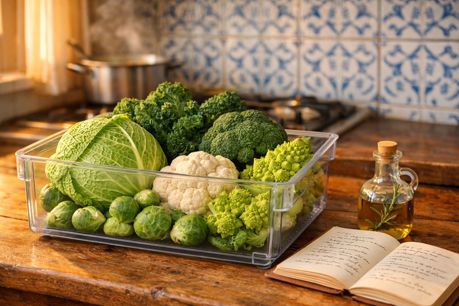 Recipiente transparente com legumes verdes variados sobre bancada de madeira numa cozinha tradicional.