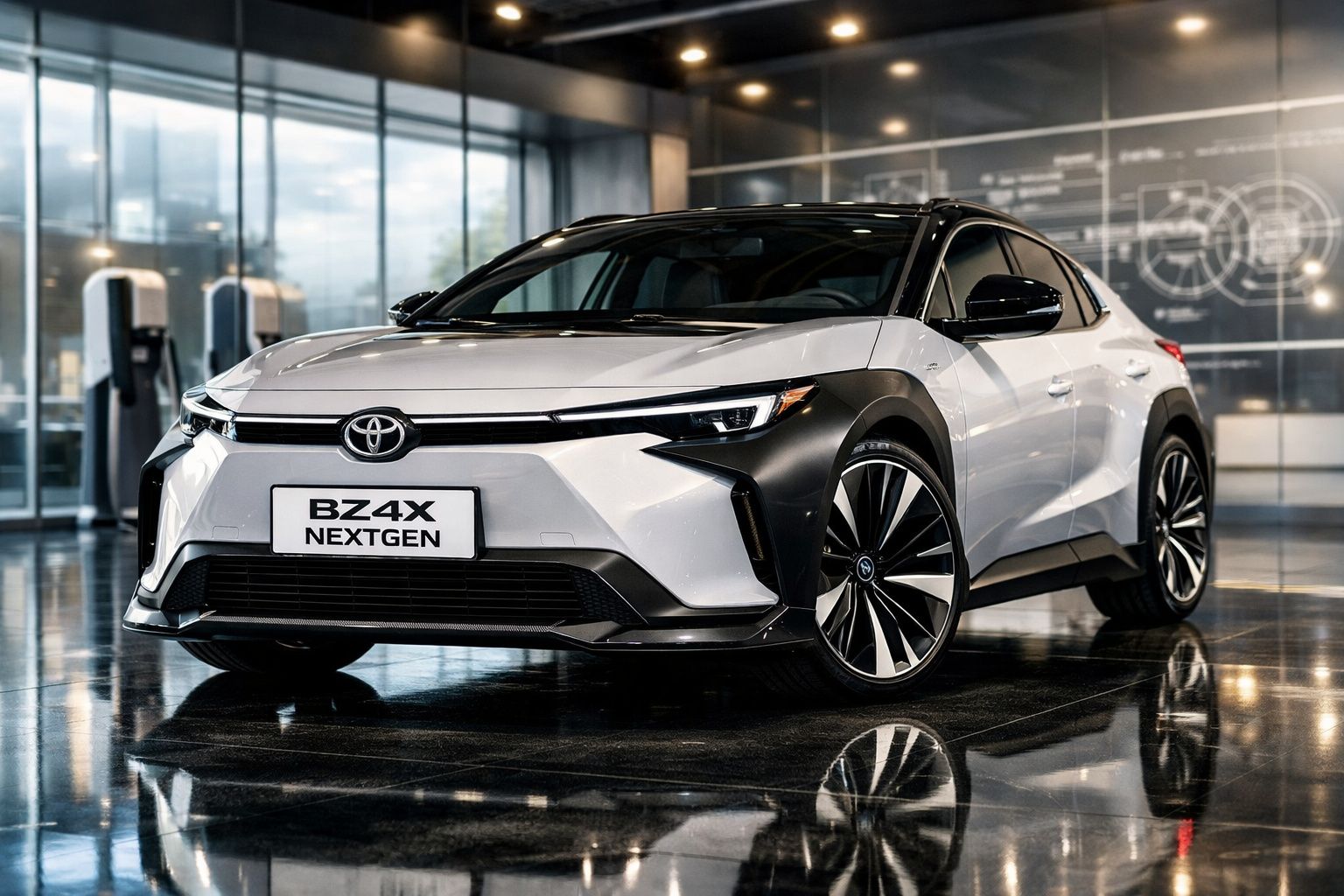 Carro elétrico Toyota BZ4X branco e preto em showroom moderno com chão espelhado.