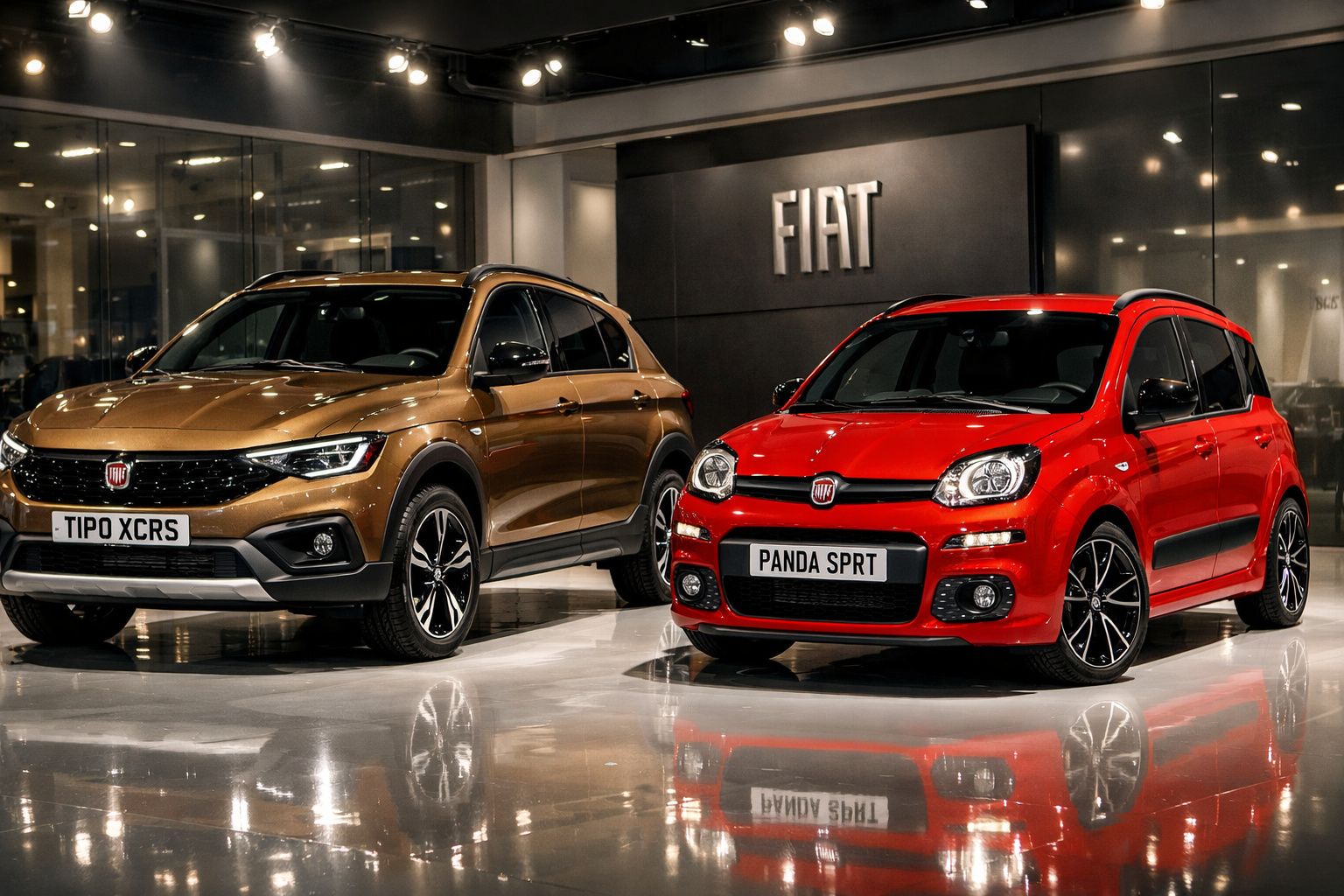 Dois carros Fiat, um SUV castanho Tipo XCRS e um compacto vermelho Panda SPRT, em showroom iluminado.