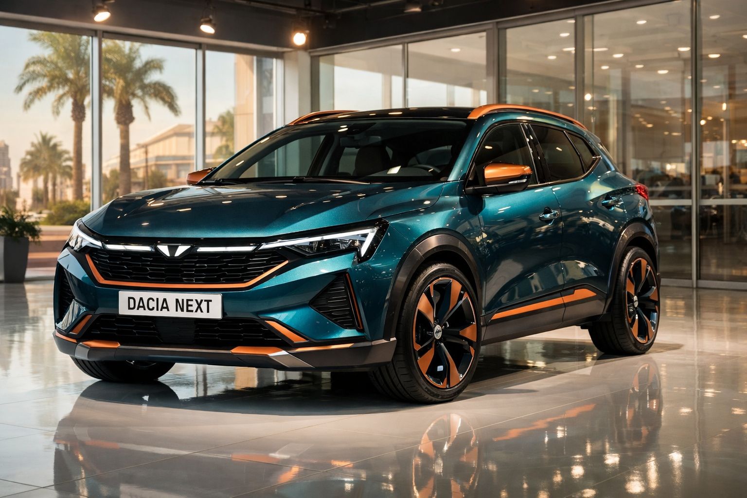 Carro SUV Dacia Next azul com detalhes laranja exposto em showroom moderno com grandes janelas.