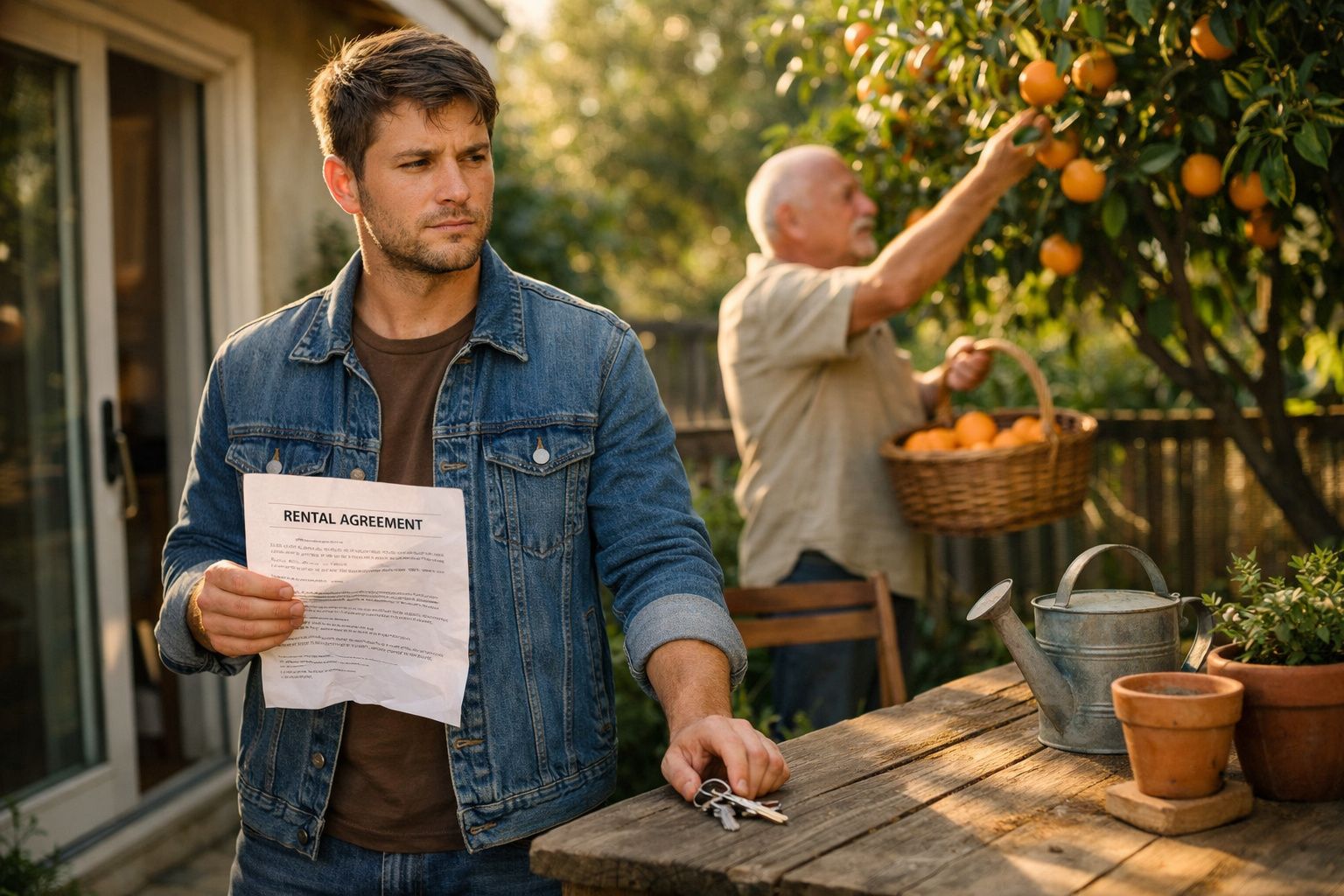 Homem com contrato de arrendamento e chaves enquanto idoso colhe laranjas num pomar ao fundo.