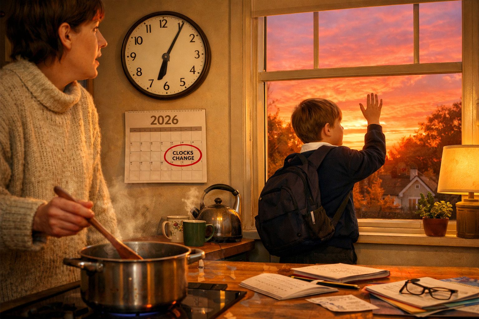 Criança com mochila acena na janela ao nascer do sol, enquanto mulher cozinha numa cozinha acolhedora.