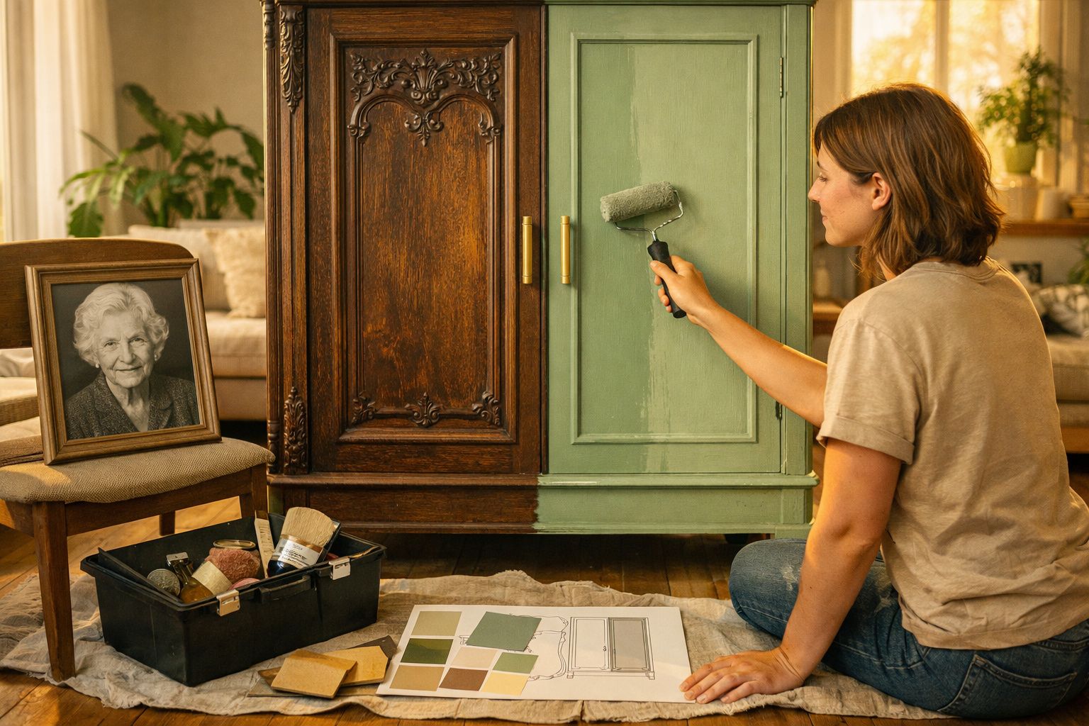 Mulher pinta um móvel antigo de castanho para verde com um rolo, rodeada de materiais de pintura e uma foto a preto e branco.