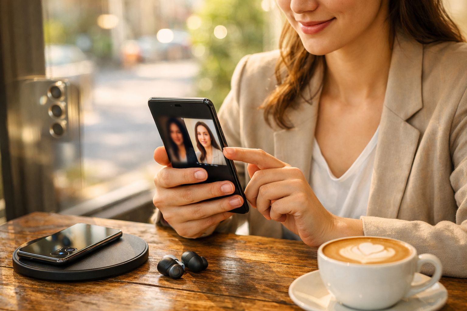 Mulher a fazer videochamada num smartphone dobrável num café, com café e auscultadores na mesa.