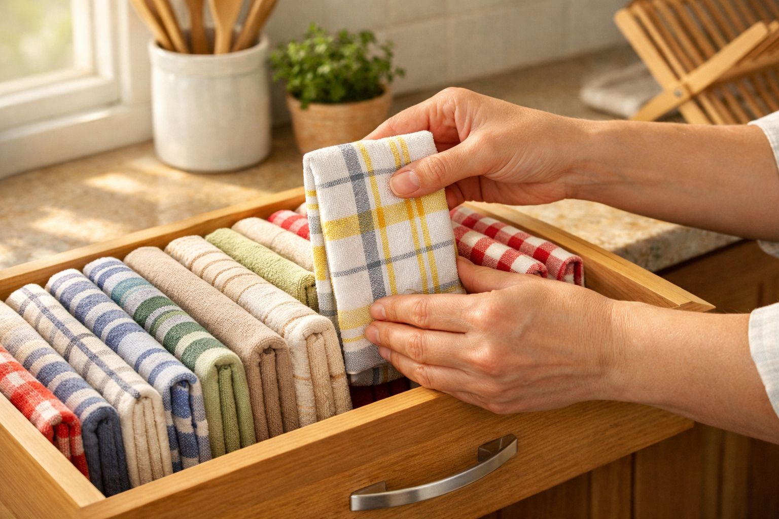 Caixa de madeira com panos de cozinha coloridos organizados e mãos a arrumar um pano aos quadrados amarelos.