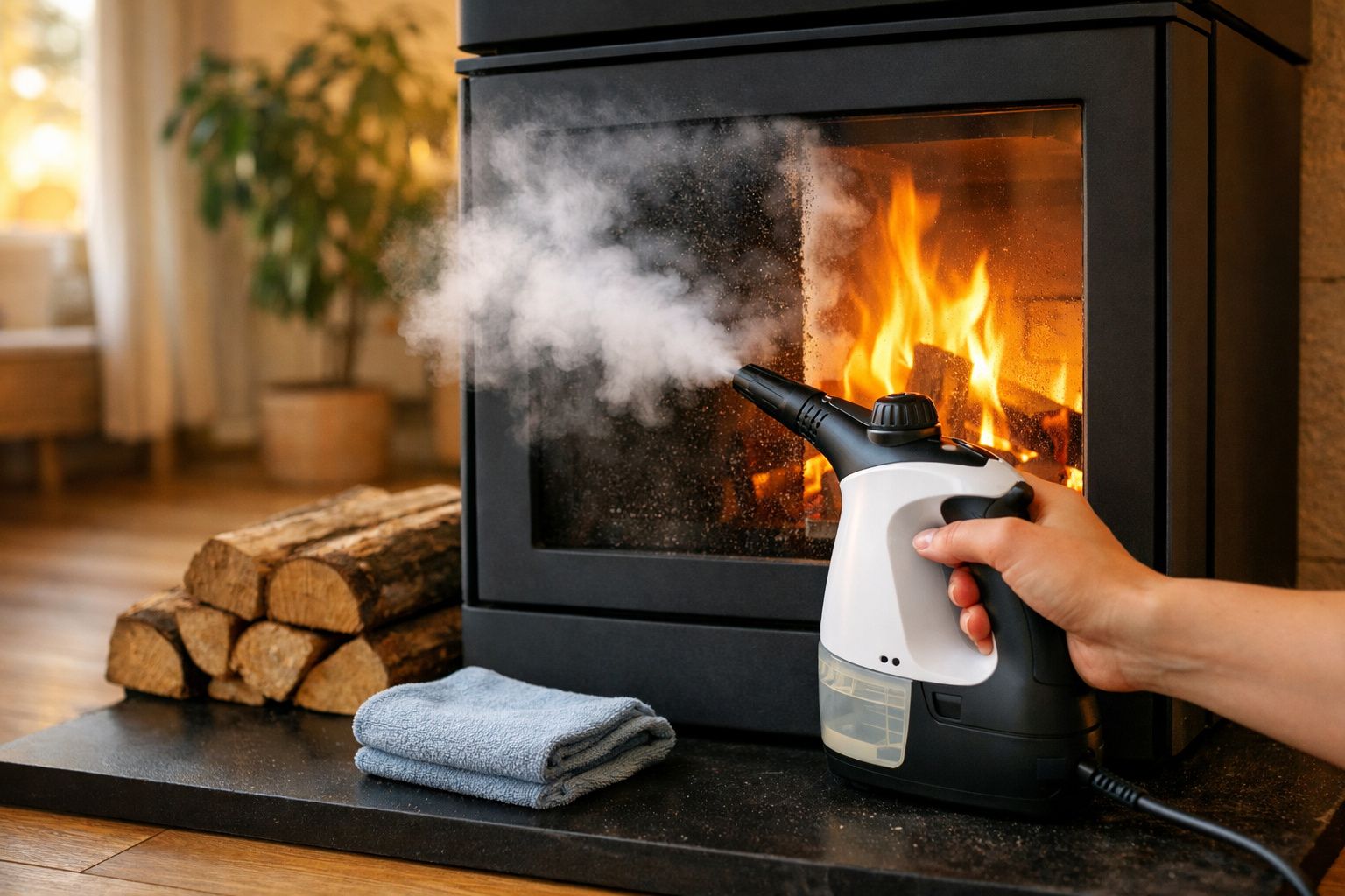 Pessoa a limpar lareira com limpa vapor ao lado de lenha empilhada e pano azul.
