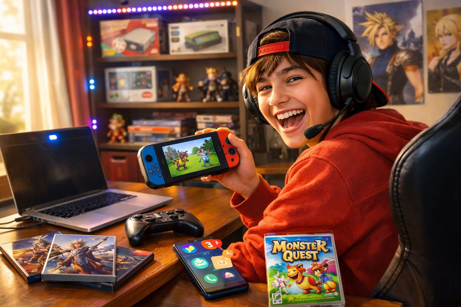 Jovem sorridente com headset a jogar videojogo numa consola portátil numa secretária com comandos e laptop.