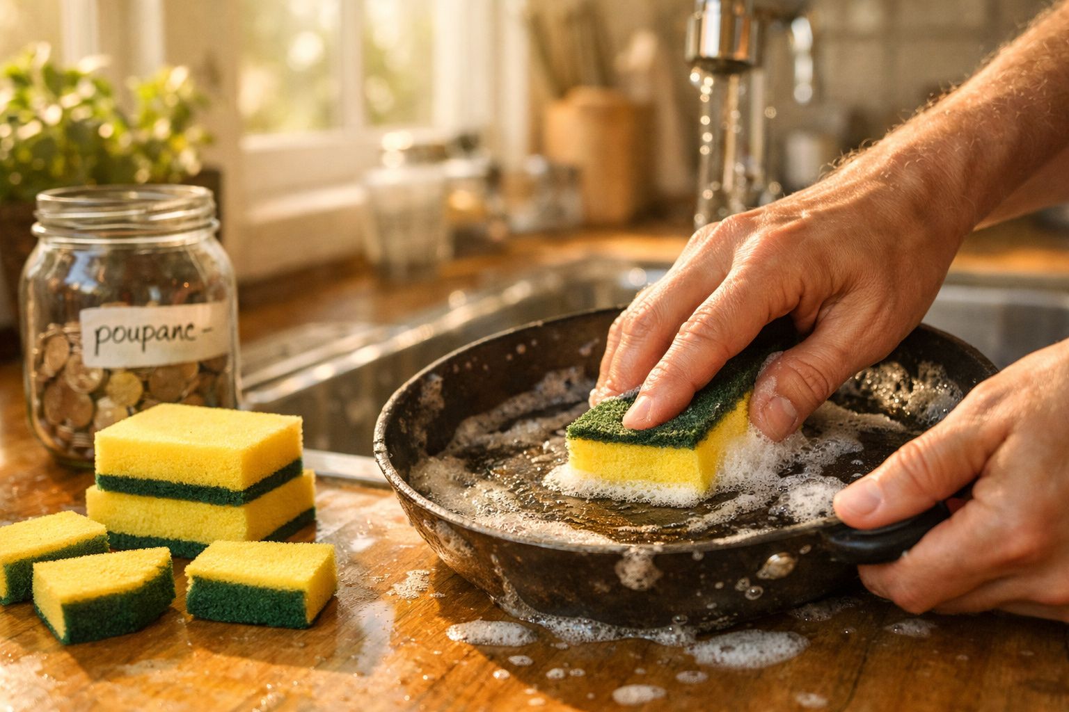Mãos a lavar uma frigideira com uma esponja amarela e verde, ao lado de mais esponjas e um frasco de moedas com etiqueta "pou