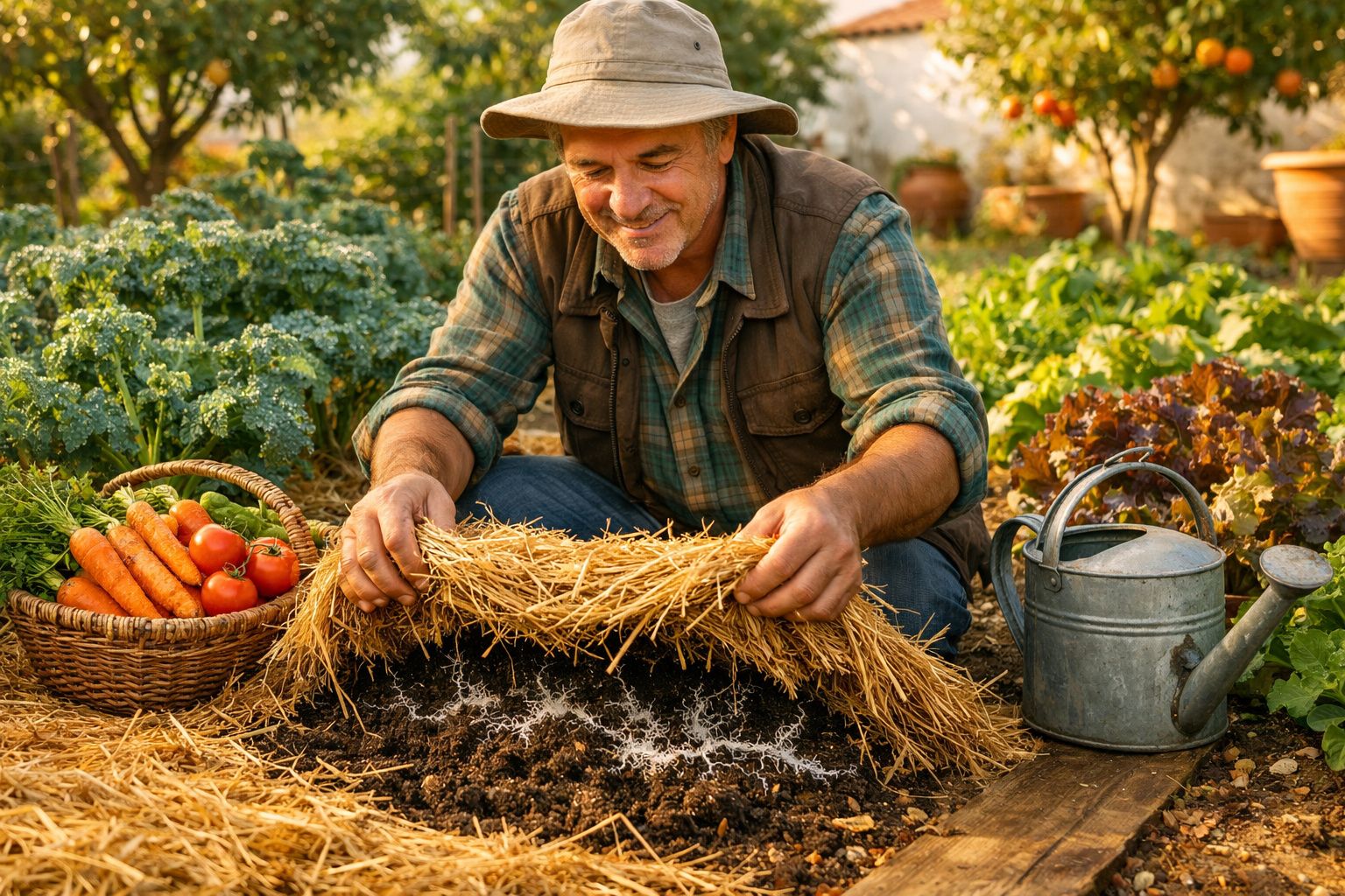 Homem a cultivar horta, cobre raízes com palha, ao lado regador e cesto com cenouras e tomates.