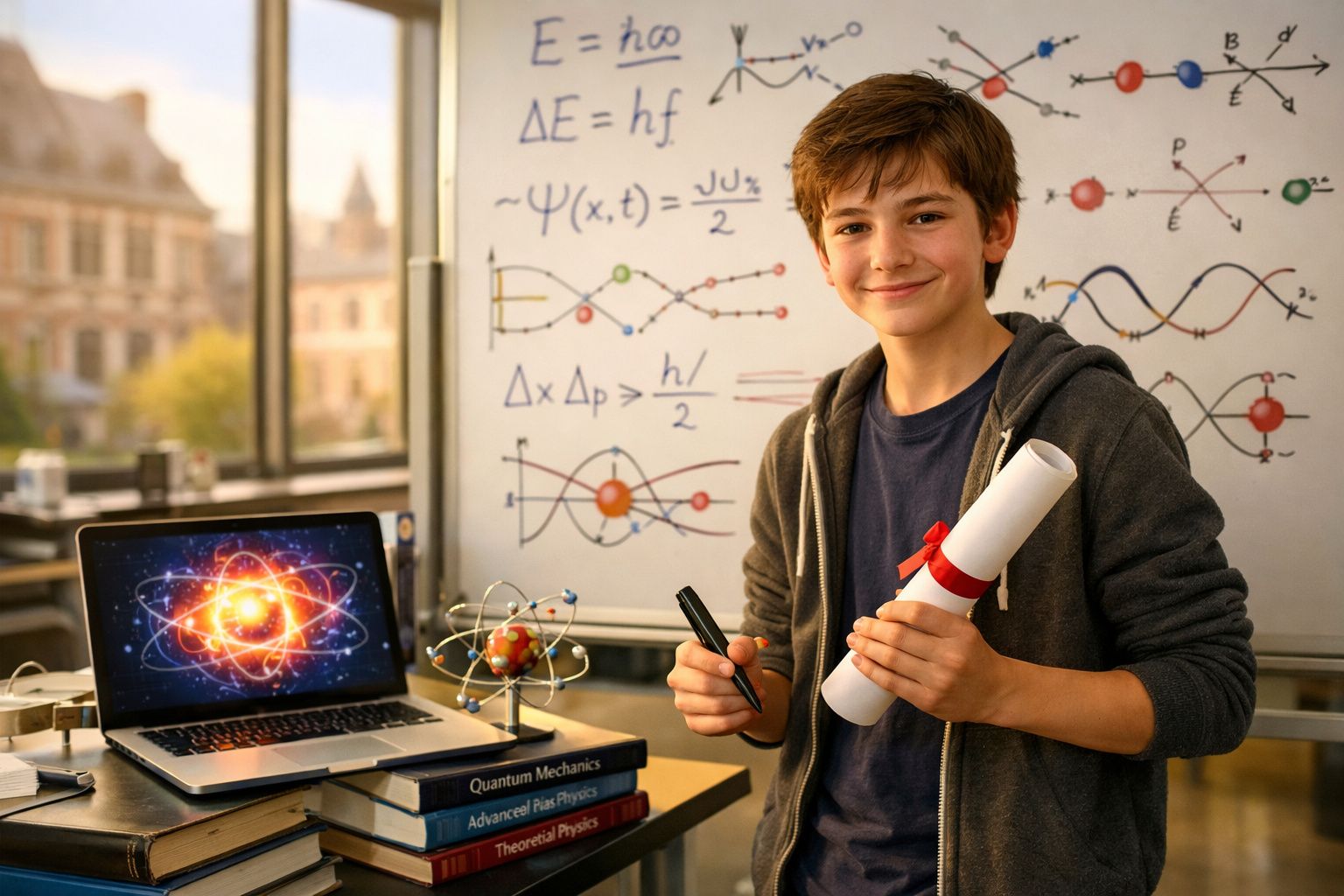 Rapaz segurando diploma e caneta, com livros de física e imagens de átomos num laboratório moderno.