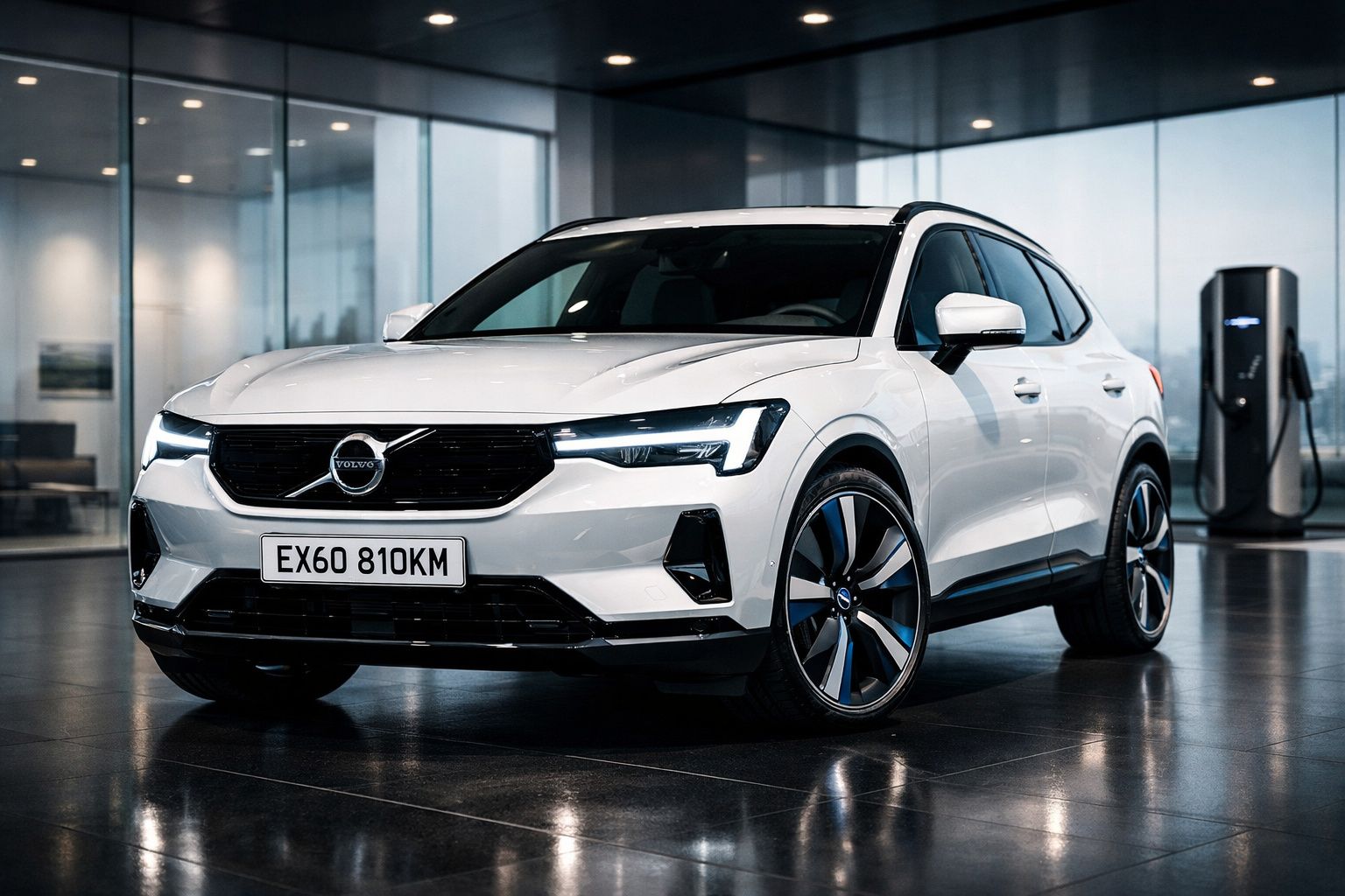 Carro elétrico Volvo branco estacionado num showroom moderno com estação de carregamento ao fundo.