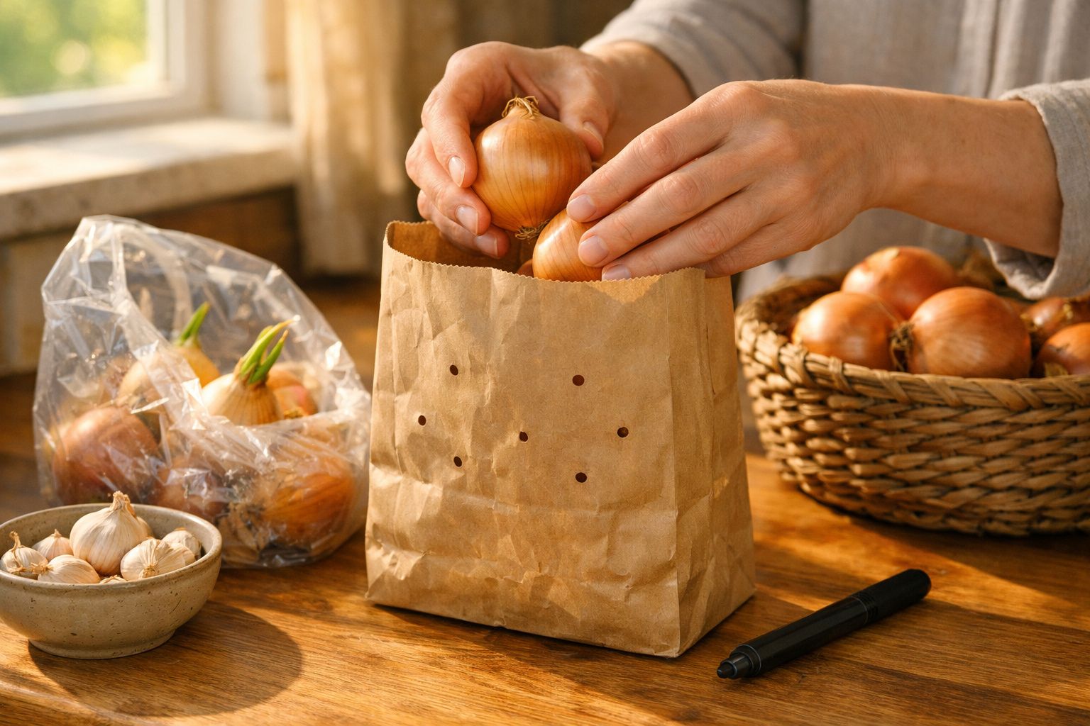 Mãos a colocar cebolas num saco de papel numa mesa de madeira com cesto e tigela de alho ao lado.