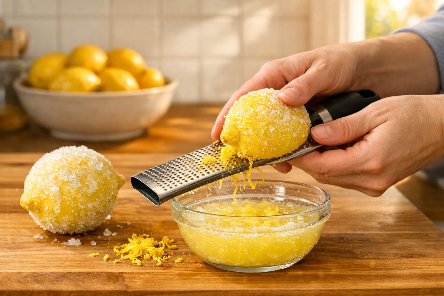 Pessoa a ralar limão sobre taça de vidro numa cozinha com limões ao fundo.