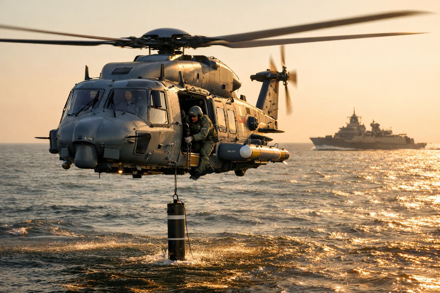 Helicóptero militar realiza operação sobre o mar ao pôr do sol com navio de guerra ao fundo.