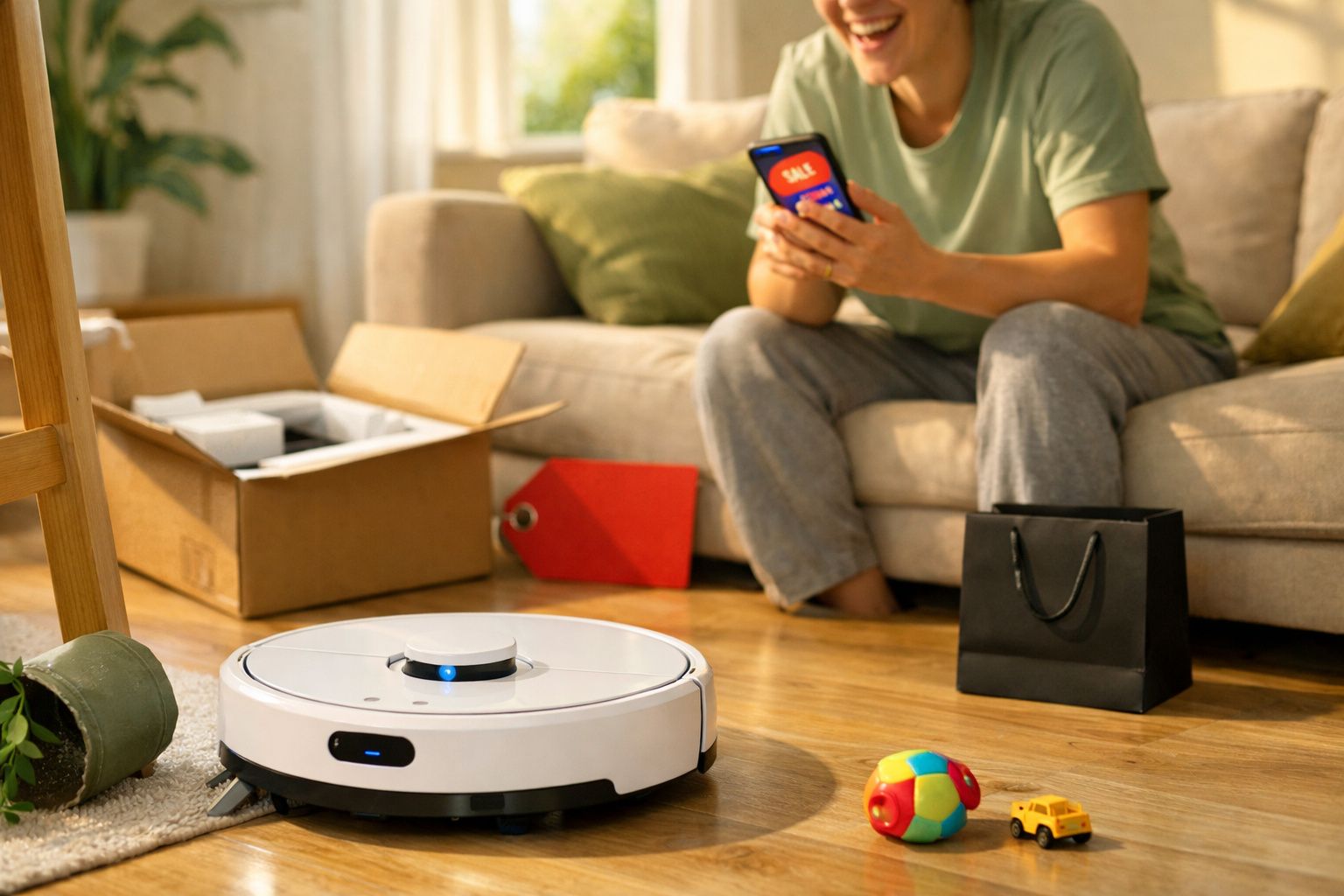 Robô aspirador branco a limpar chão de madeira numa sala, enquanto pessoa vê telemóvel com promoção.