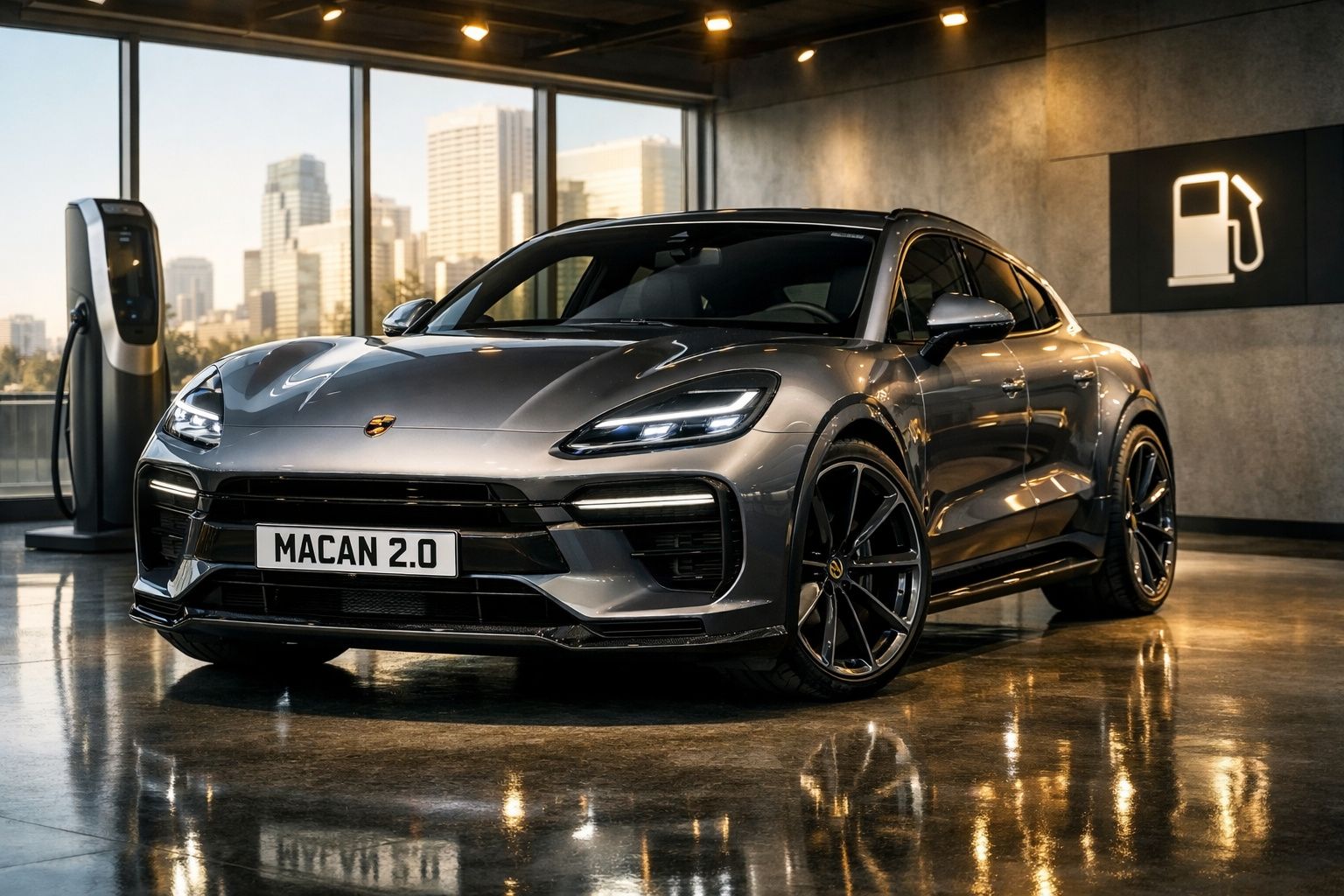 Automóvel elétrico Porsche Macan 2.0 cinza estacionado interior junto a posto de carregamento.