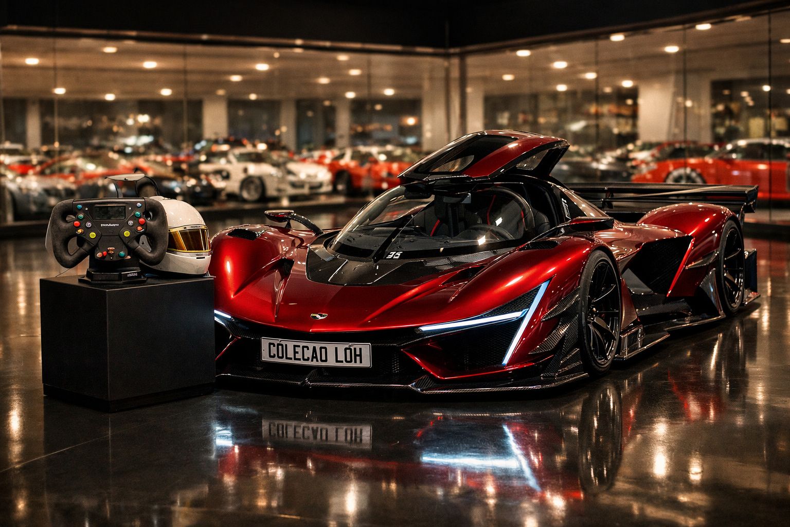 Carro desportivo vermelho brilhante com portas tipo asa de gaivota numa coleção automóvel interior.