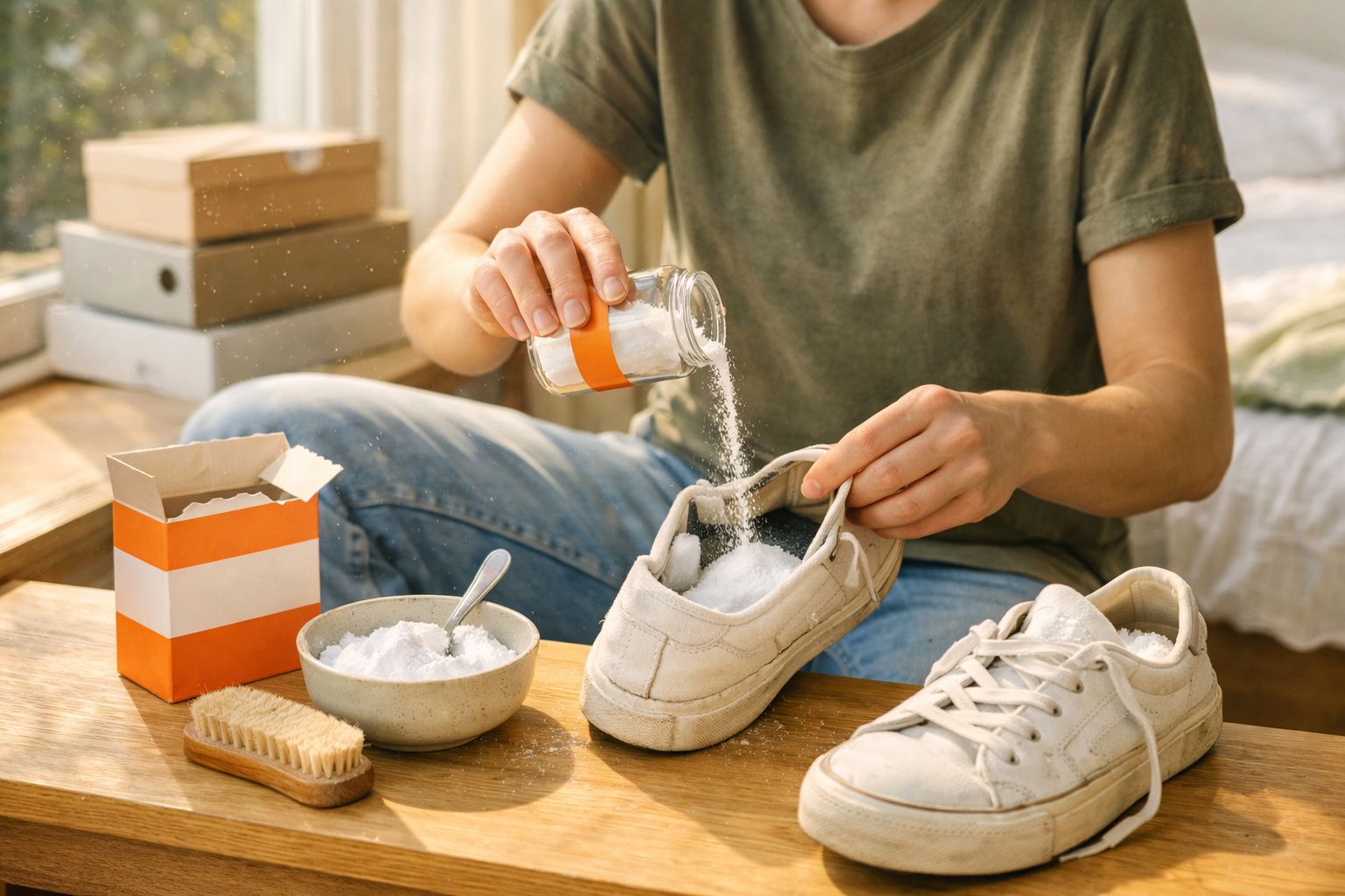 Pessoa a polvilhar bicarbonato de sódio dentro de um ténis branco para eliminar odores.