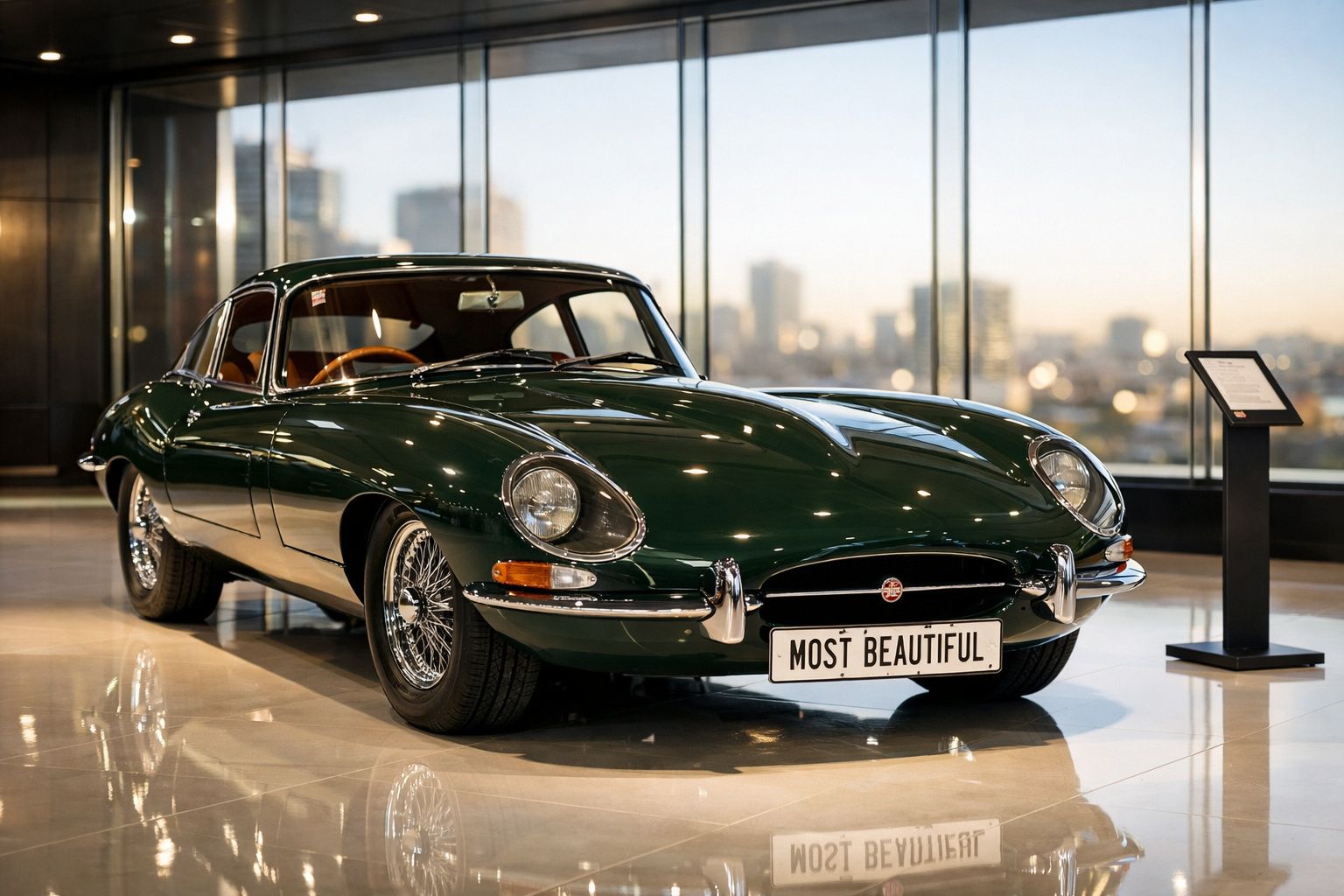 Carro clássico desportivo verde escuro estacionado num showroom com vista urbana ao fundo.