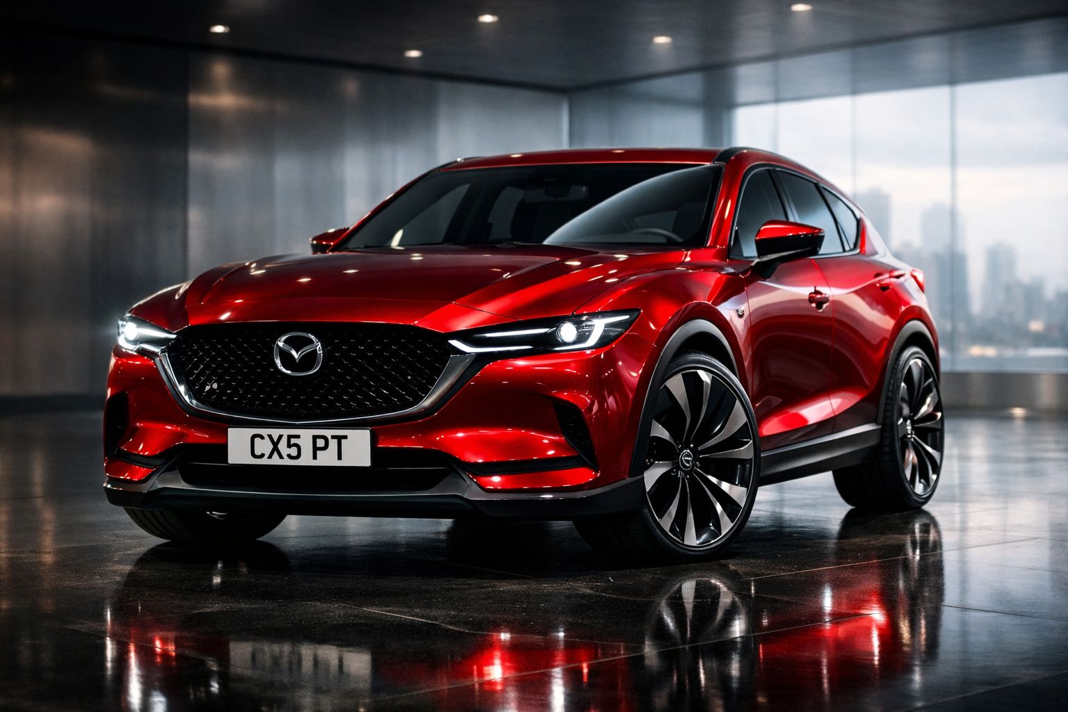 Automóvel Mazda CX-5 vermelho em garagem com iluminação moderna refletida no chão.