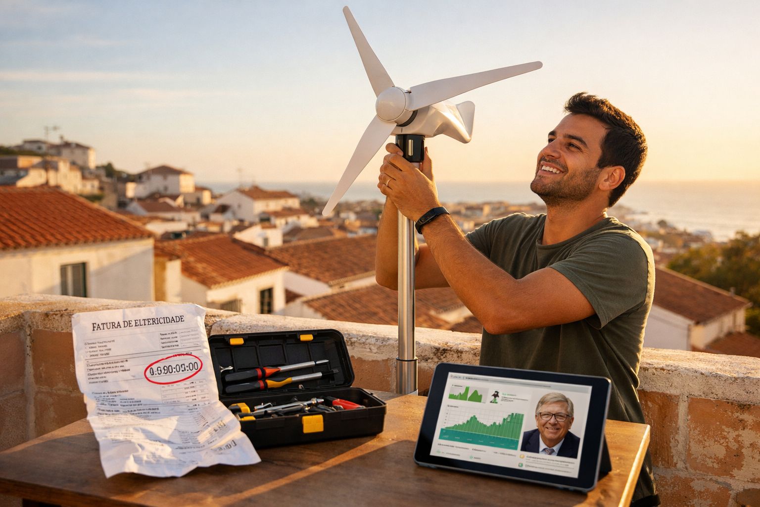 Homem ajusta turbina eólica numa varanda com ferramenta, fatura de eletricidade e tablet com gráfico e foto.
