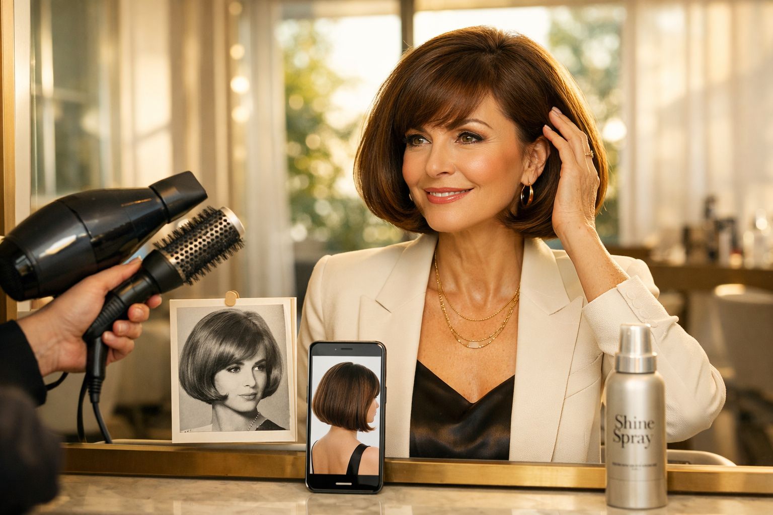 Mulher de cabelos curtos castanhos sentada em frente a espelho, com secador e produtos de cabelo à frente.