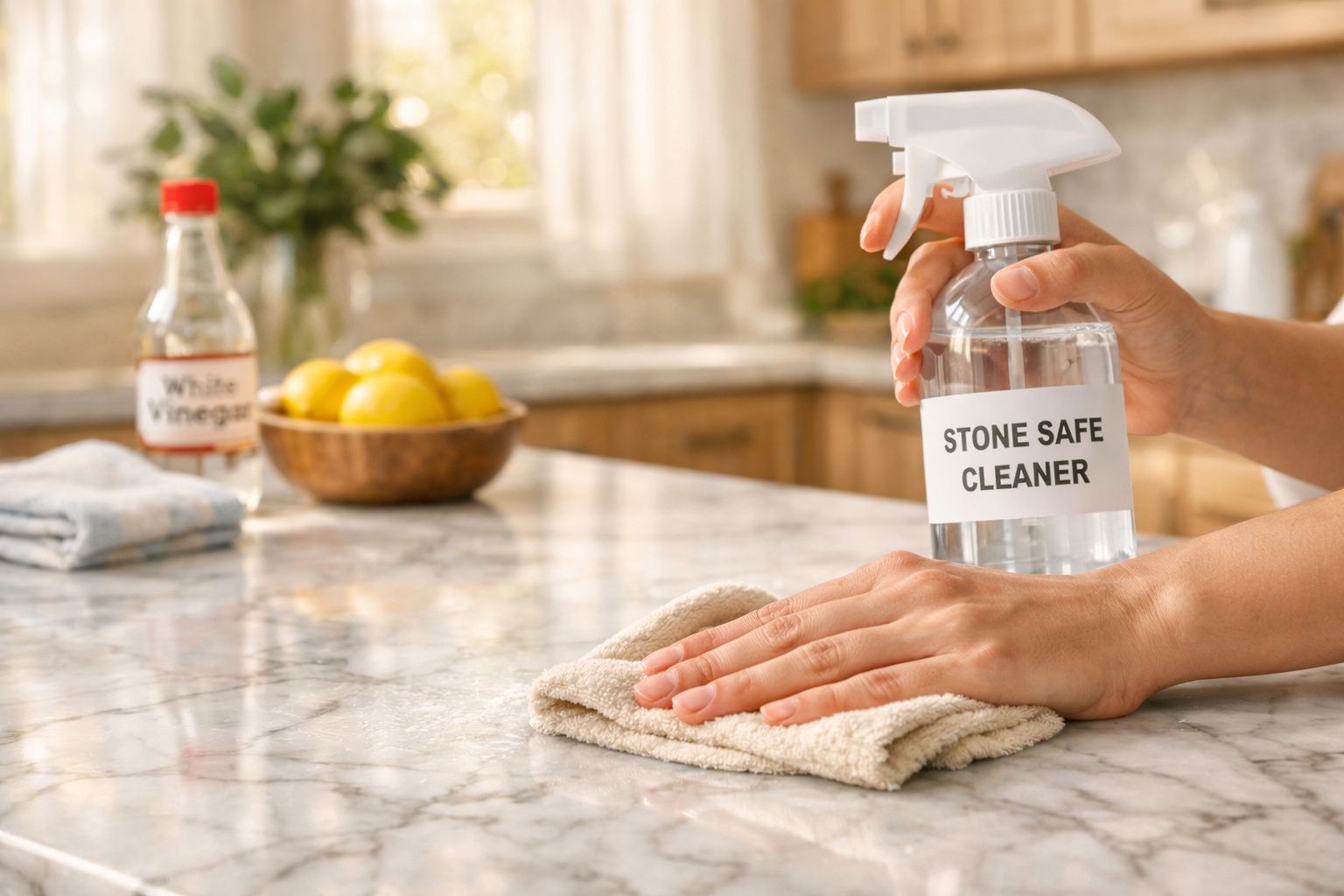 Mãos a limpar uma superfície em pedra com spray e pano numa cozinha com fruteira ao fundo.