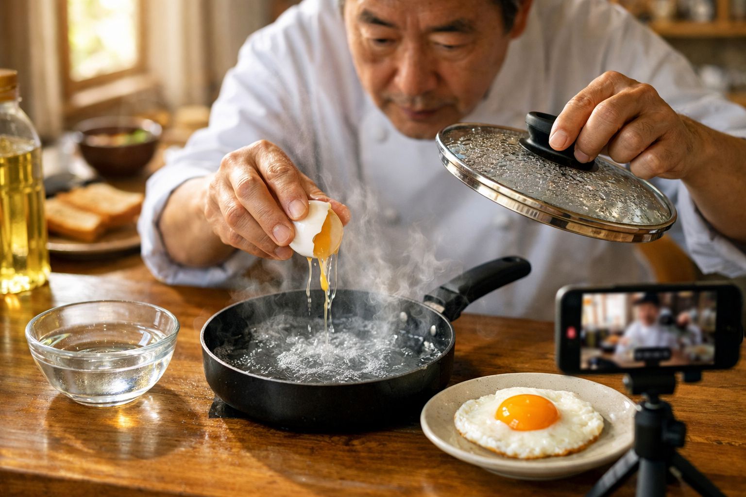 Homem a cozinhar ovo numa frigideira enquanto grava vídeo com telemóvel em tripé.