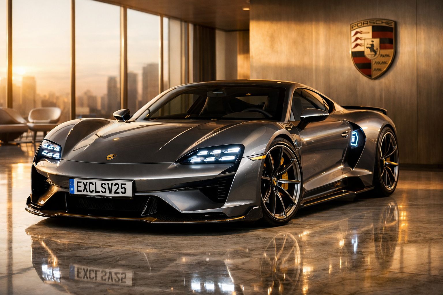 Carro desportivo cinzento Porsche Taycan com luzes LED acesas, em interior moderno com chão refletor.