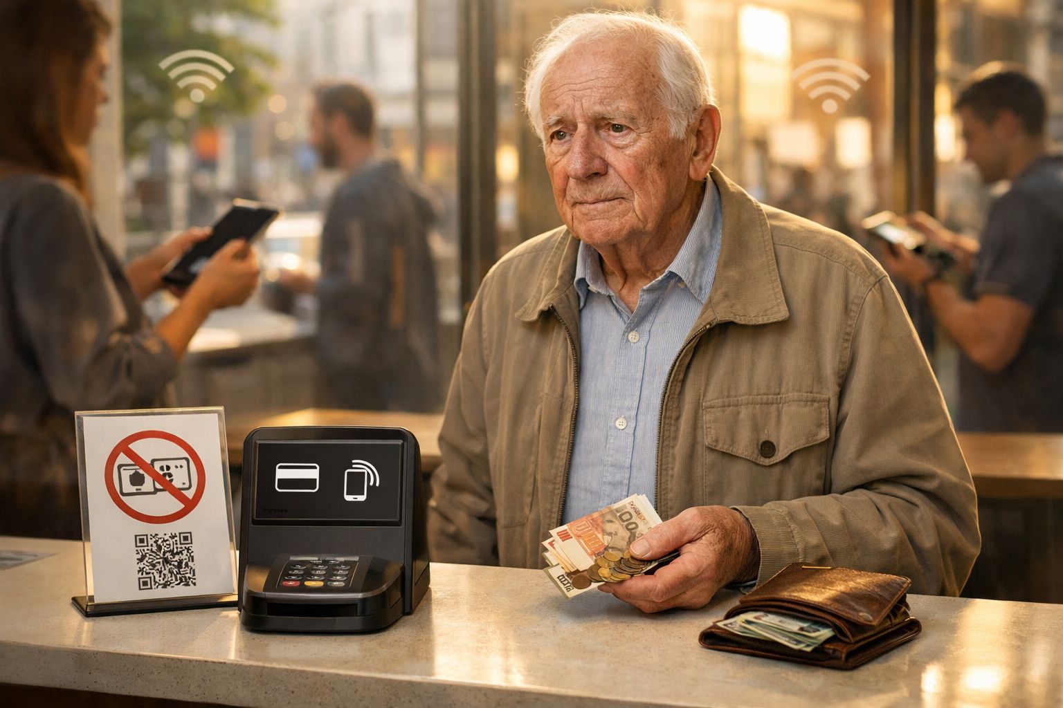 Idoso com notas e moedas na mão à espera para pagar num balcão com leitor de cartão contactless.