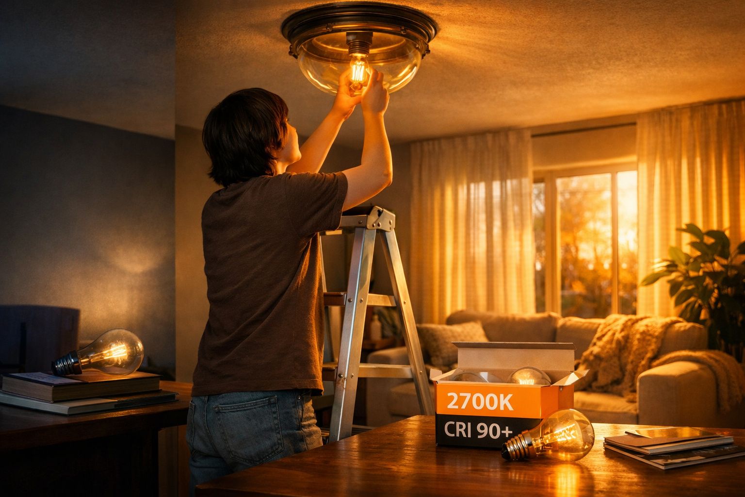 Pessoa em casa a trocar uma lâmpada num candeeiro, com luz natural ao fundo e caixa de lâmpadas na mesa.