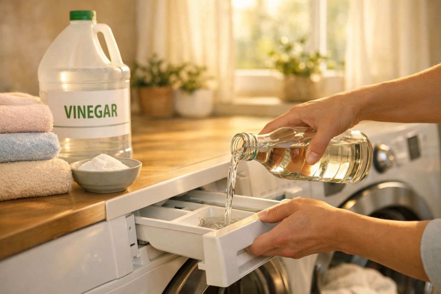 Pessoa a verter vinagre numa gaveta de detergente de máquina de lavar roupa numa lavandaria doméstica.