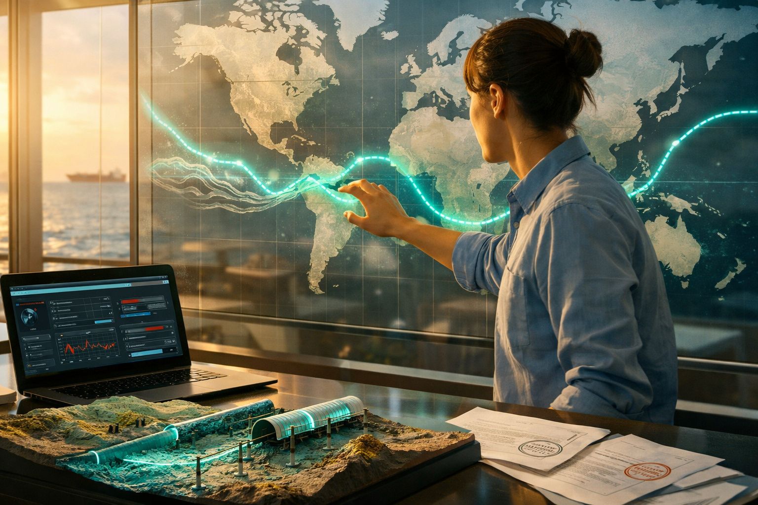 Mulher analisa mapa digital interativo com gráficos e modelo de terreno numa sala com vista para o mar.