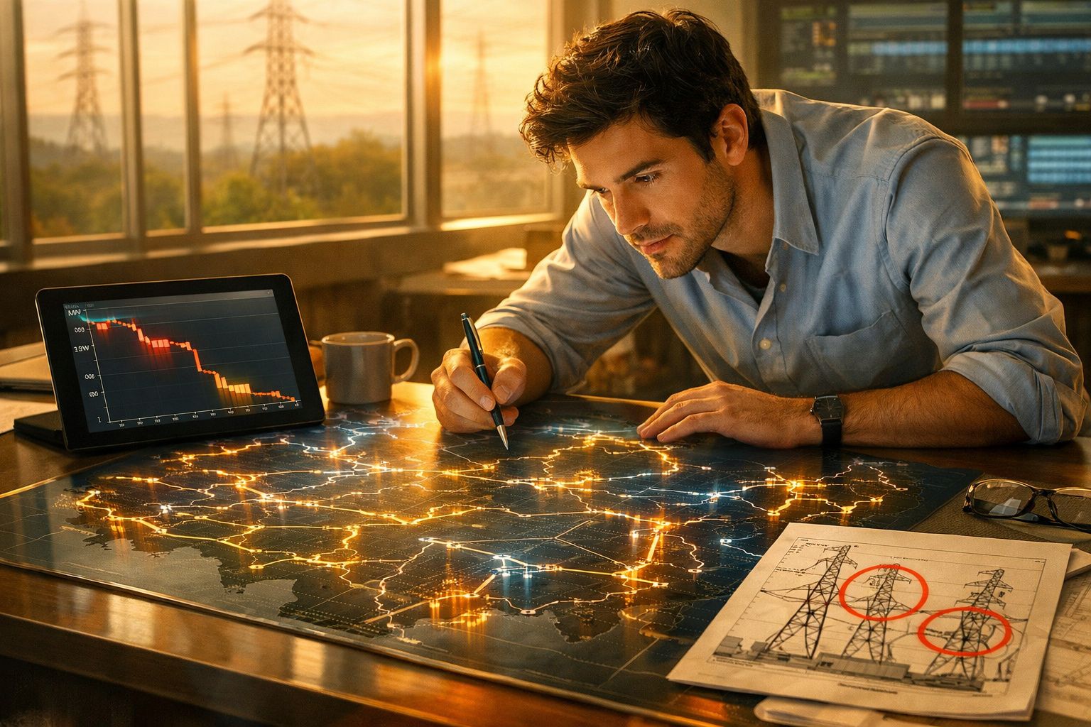 Homem a analisar rede elétrica digital e mapas com gráficos e desenhos de torres de alta tensão na mesa.