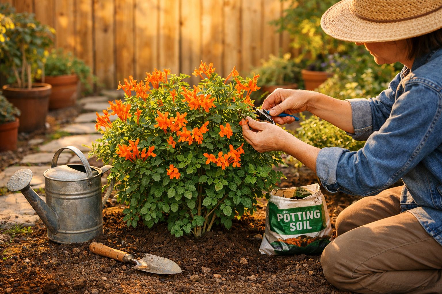 Pessoa a podar flores laranja num jardim ensolarado com regador, saco de terra e enxada ao lado.