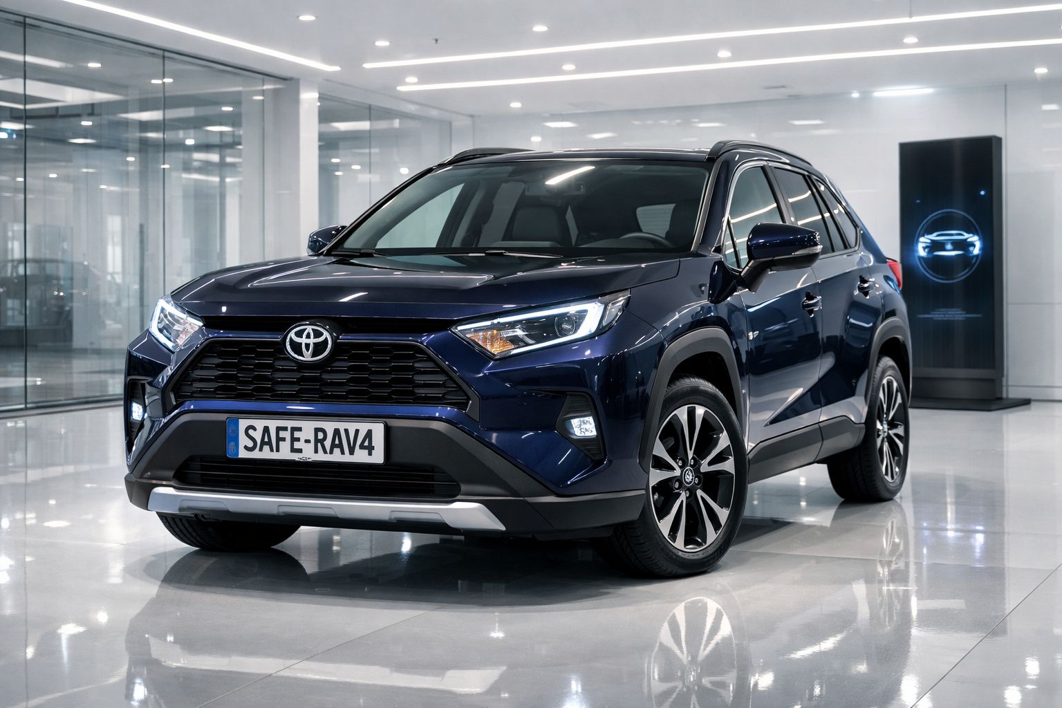 Toyota RAV4 azul escuro em salão moderno e iluminado, visto de frente e ligeiramente lado esquerdo.