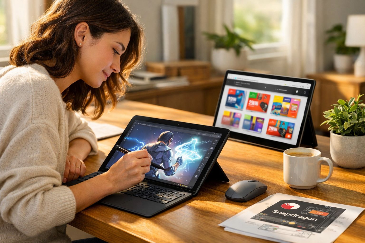 Mulher a desenhar num tablet digital com uma caneta, com dois ecrãs e uma caneca numa mesa de madeira.
