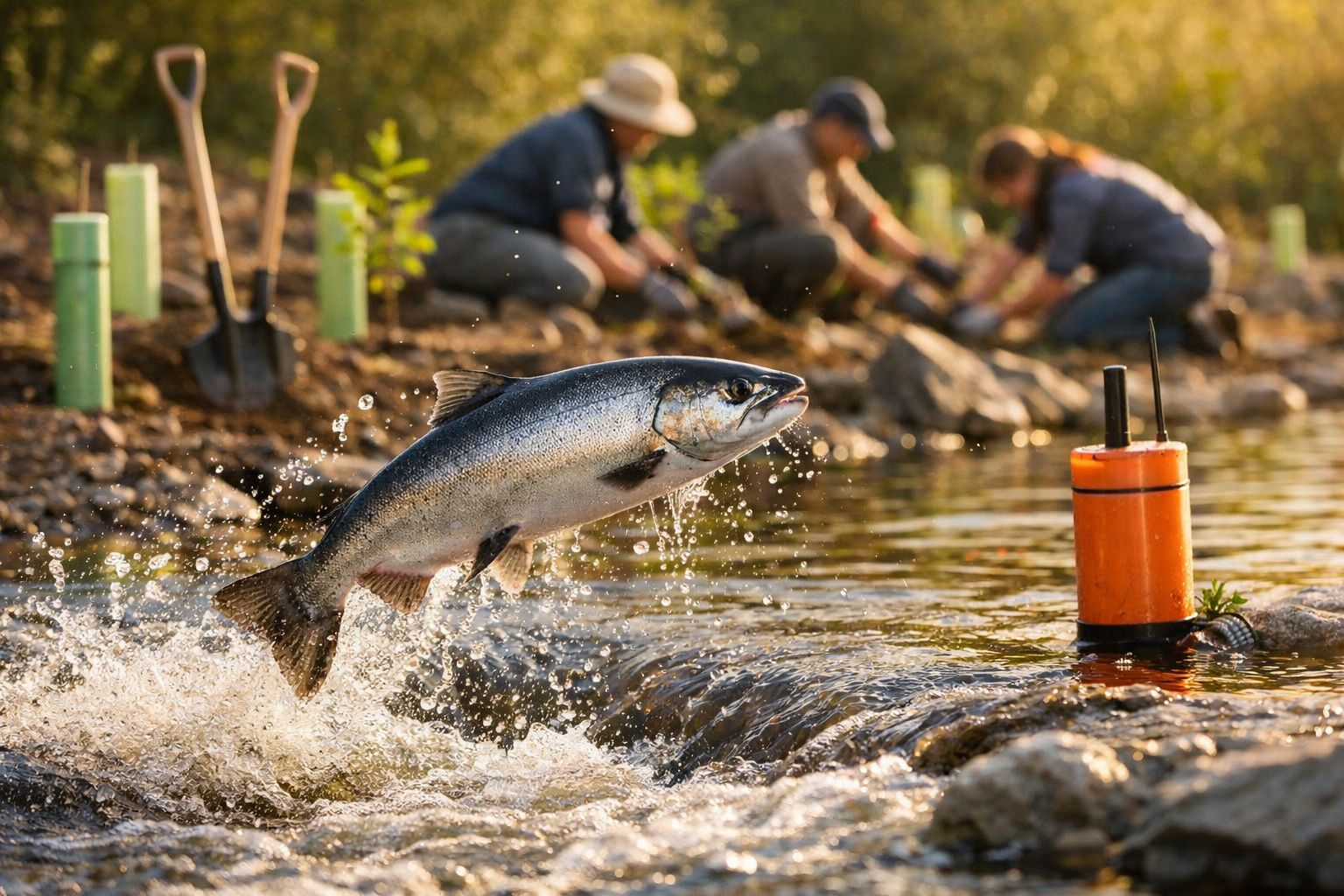 Peixe salmão a saltar em riacho com três pessoas a trabalharem na vegetação em fundo desfocado.
