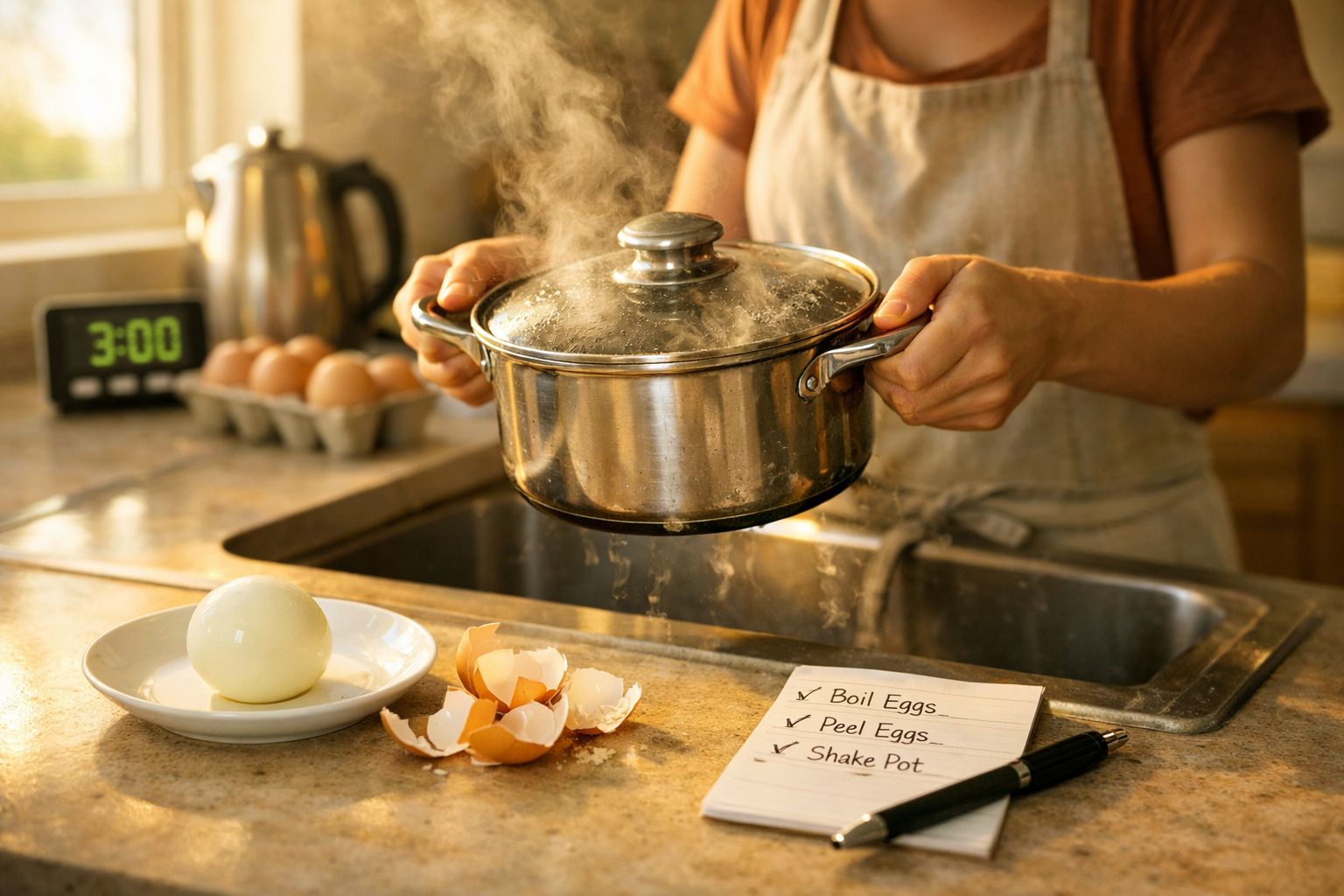 Pessoa a levantar uma panela com vapor numa cozinha, com ovos cozidos, cascas e uma lista de tarefas na bancada.