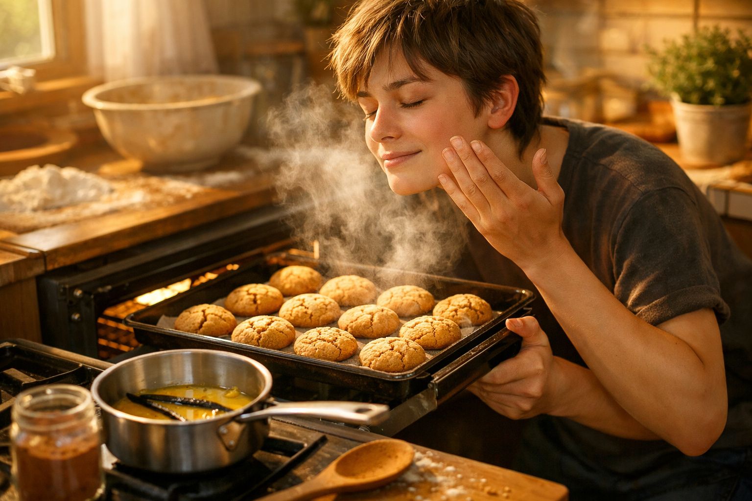 Pessoa jovem cheira bolachas quentes acabadas de sair do forno numa cozinha iluminada a amarelo.