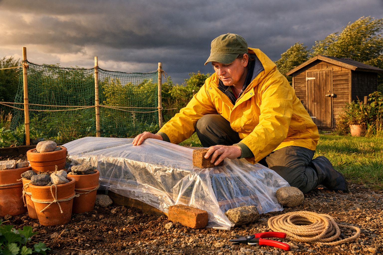 Homem com casaco amarelo cobre canteiro de jardim com plástico protegido por tijolos ao entardecer.