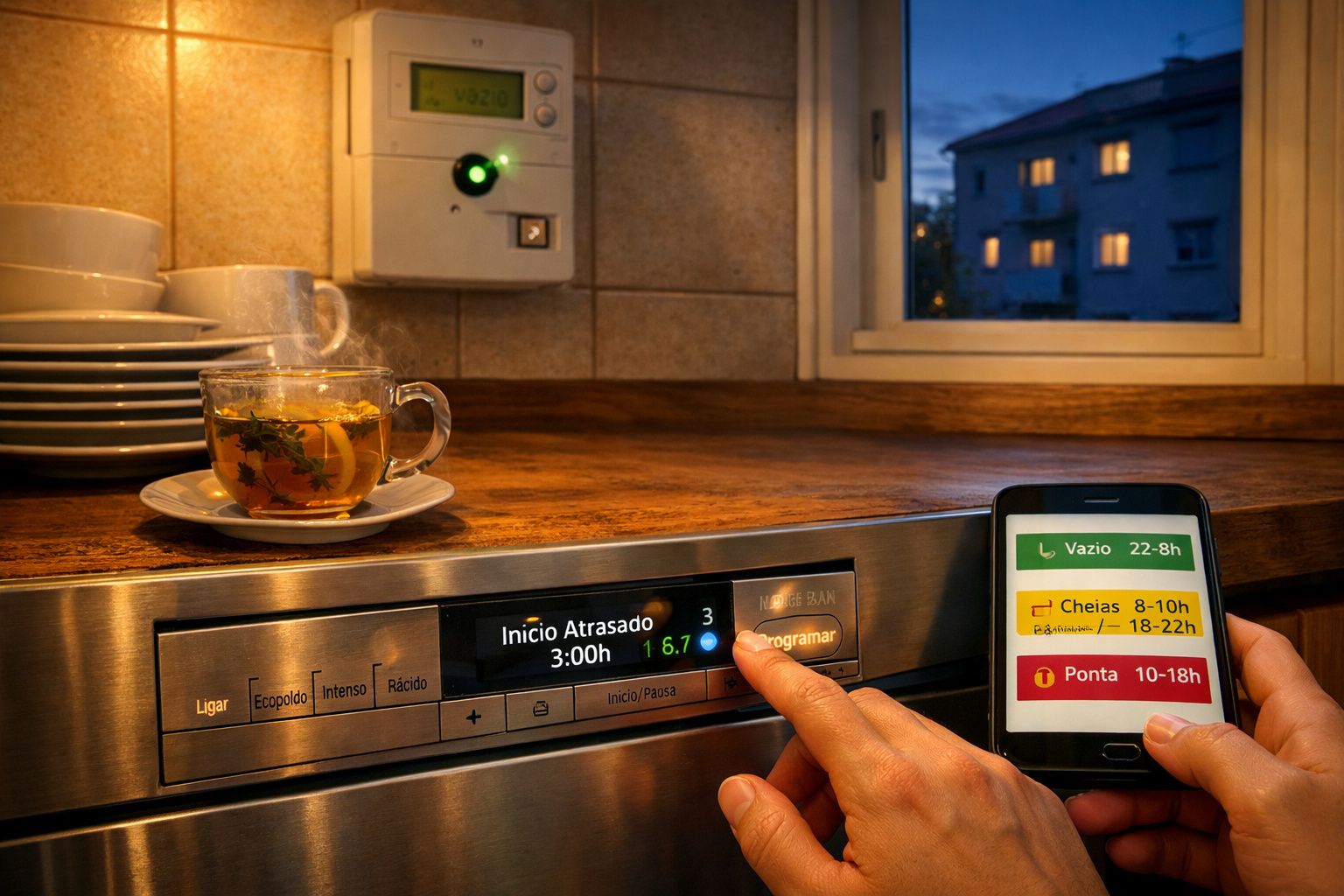 Pessoa programa uma máquina de lavar ligada a aplicação móvel mostrando horários de cheia e vazio, com chá quente ao lado.