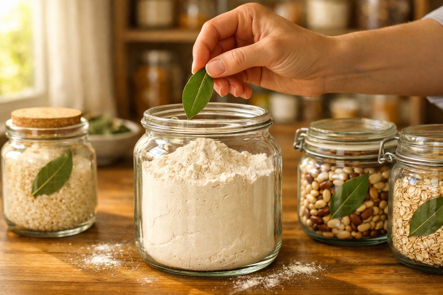 Mão a colocar folha de louro em frasco de vidro com farinha, com outros frascos de leguminosas e cereais ao fundo.